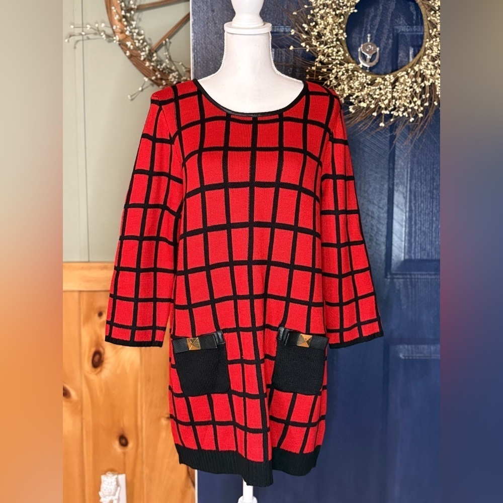 Mud Pie Red Black Windowpane Everly Bow Tunic Ruby Large (12/14) NWT